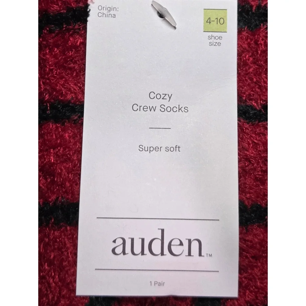 Auden Cozy Crew Socks Red Black Plaid Fuzzy Super Soft Shoe Size 4-10 NWT